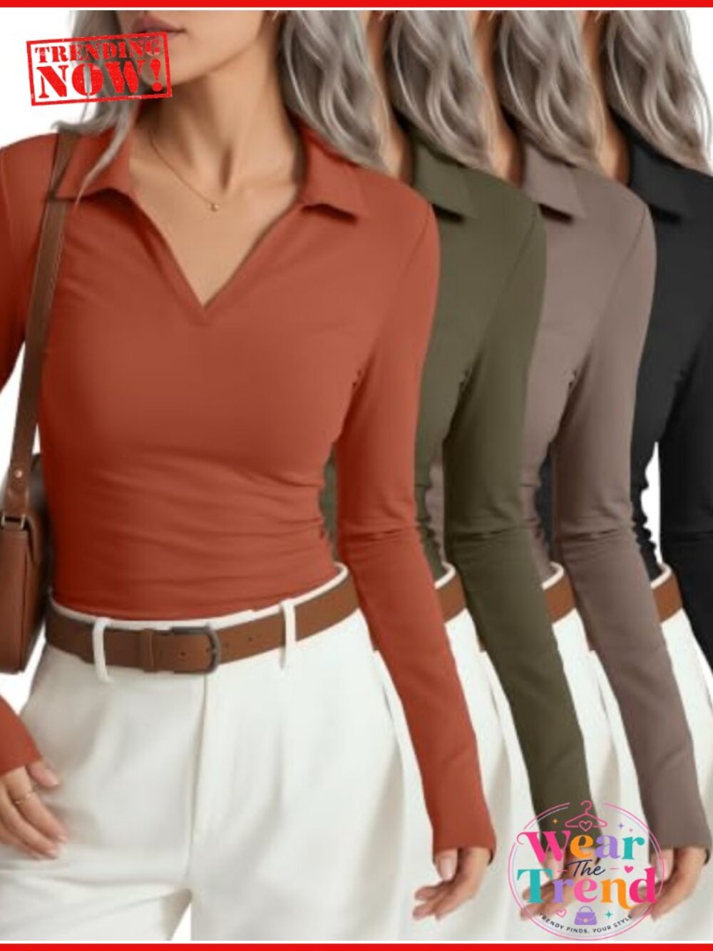4 Pack Women Long Sleeve Polo Shirts Collar Slim Fit Work Tops